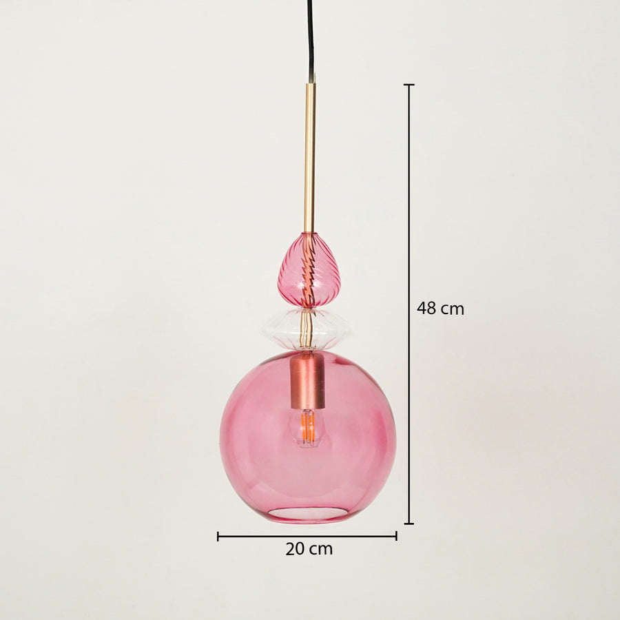Modern pink glass pendant light measuring 44 cm height and 20 cm width displayed on white background.