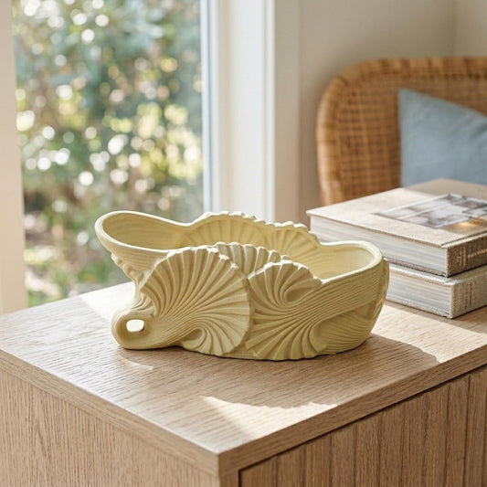 Light green ceramic decorative shell bowl with artistic sculpted texture perfect for dining table centerpiece living room console and modern home decor.