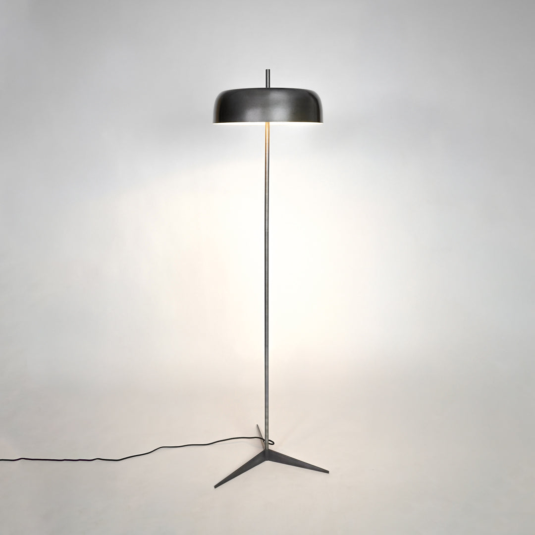 Black metal floor lamp with fabric shade for living room bedroom corner and home decor on white background image.