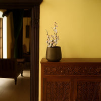 Brown metal planter decor styled in a cozy contemporary interior bringing warm earthy charm to living room consoles.