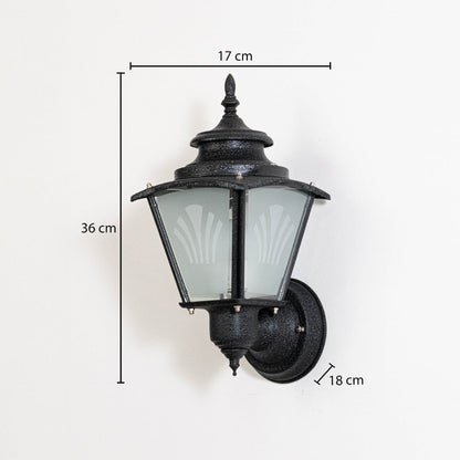 Black metal outdoor wall lantern measuring 36 cm height 17 cm width and 18 cm projection suitable for exterior walls.