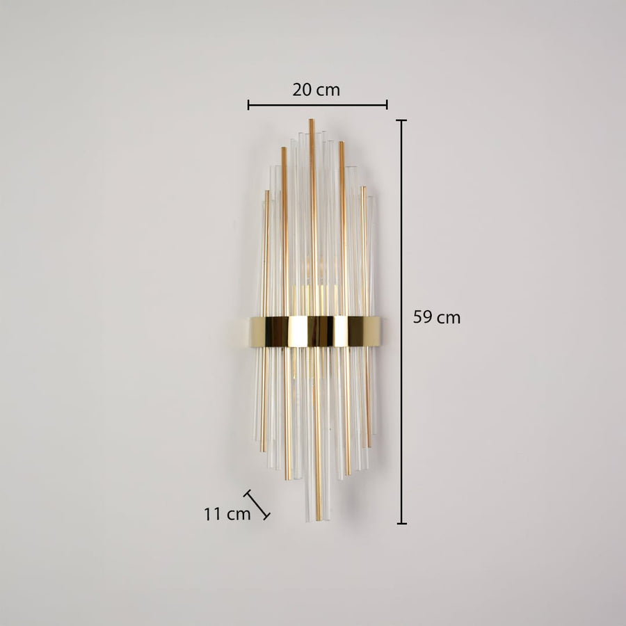 A gold wall light with clear rods displayed on a dark background showing full dimensions including 59 cm height 20 cm width and 11 cm depth in a detailed view.