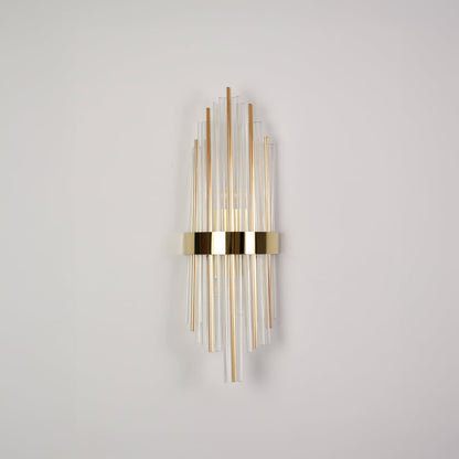 Elegant gold metal and crystal wall light switched off on white background ideal for modern decorative wall lighting.