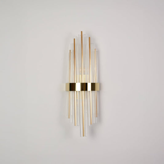 Elegant gold metal and crystal wall light switched off on white background ideal for modern decorative wall lighting.