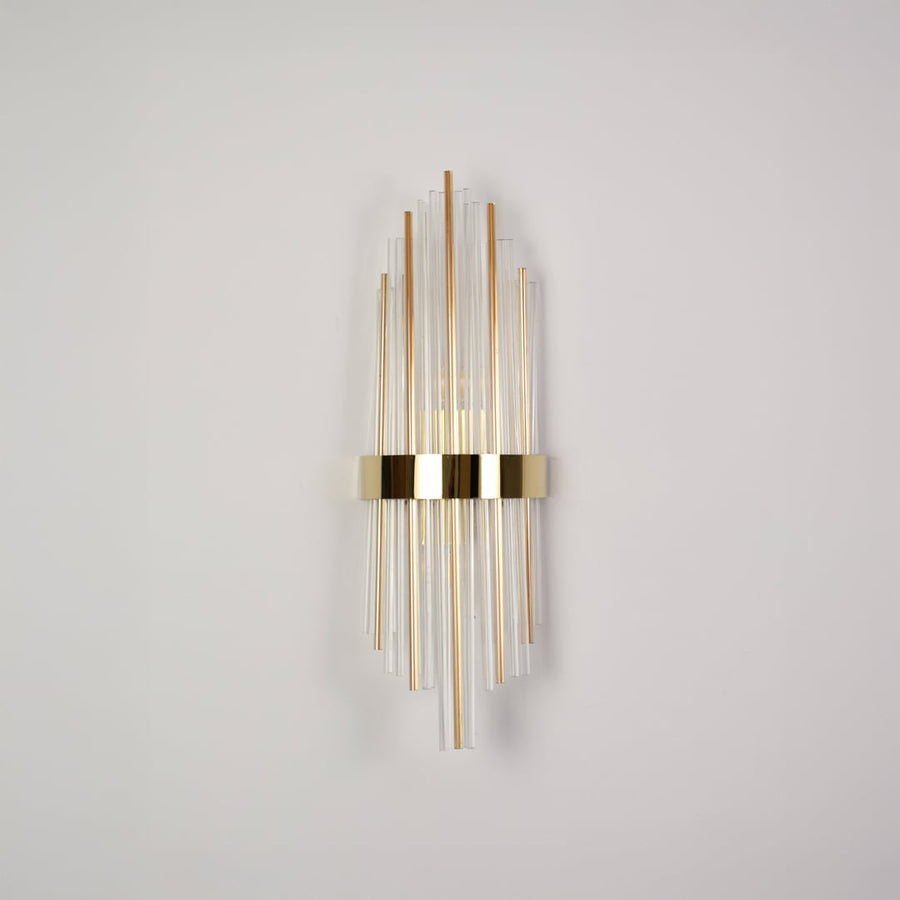 Elegant gold metal and crystal wall light switched off on white background ideal for modern decorative wall lighting.