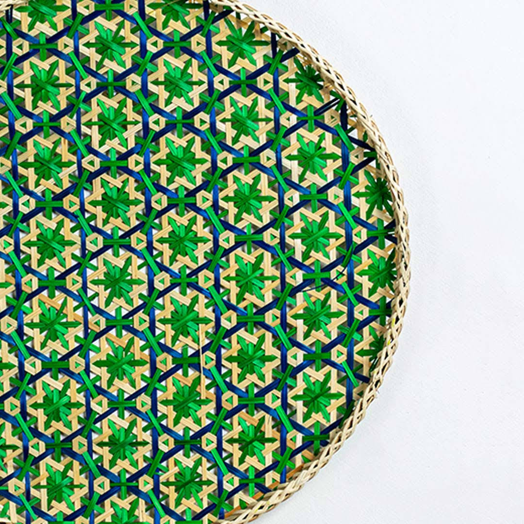 Bamboo Boho Tray & Wall Basket - Beige & Green