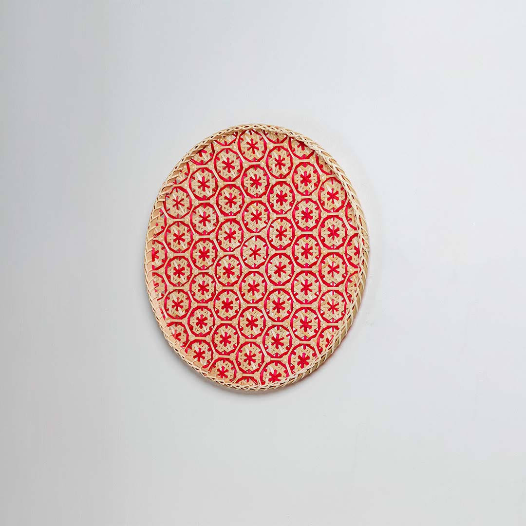 Bamboo Boho Tray & Wall Basket - Beige & Red