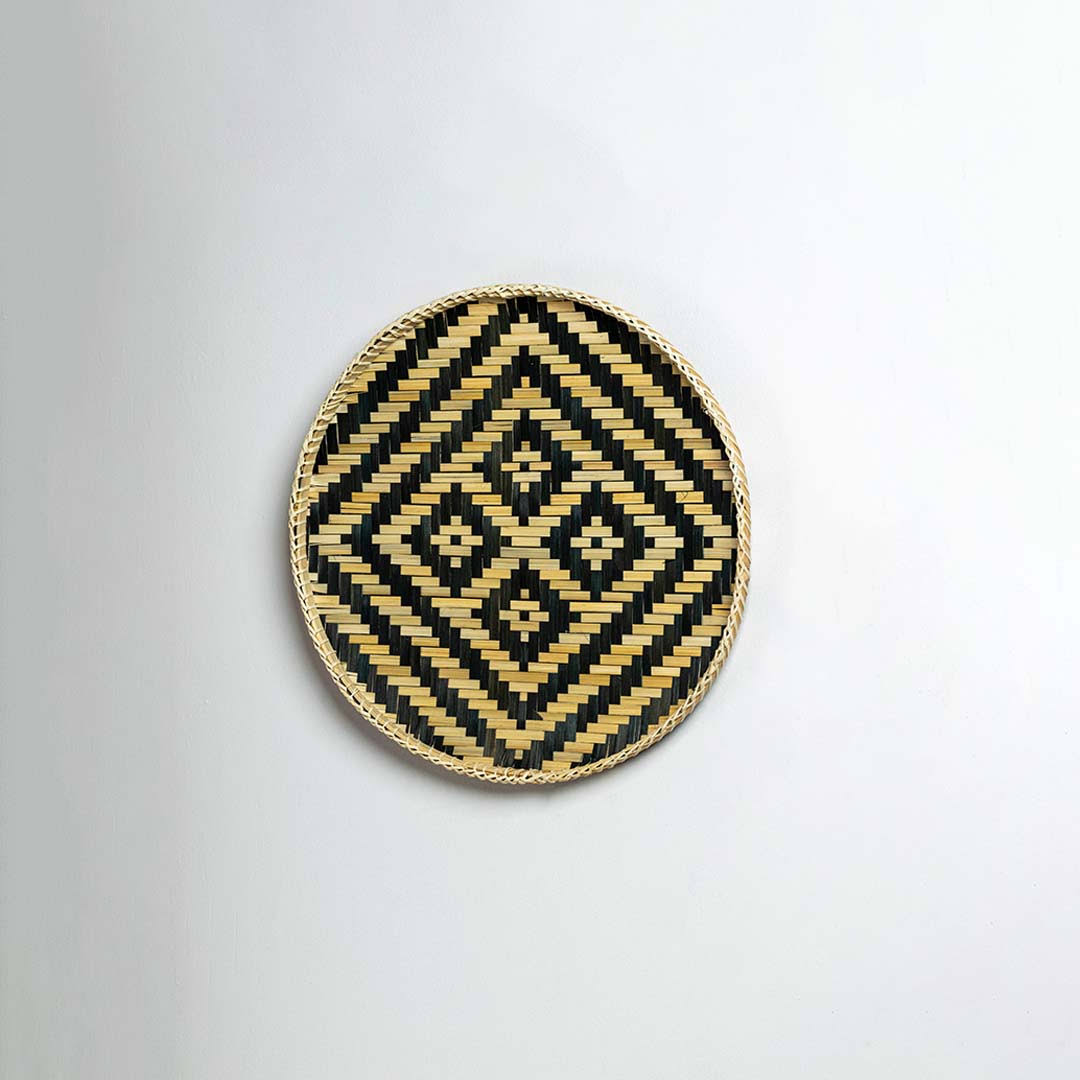 Herringbone Bamboo Round Wall Basket - Beige & Blue