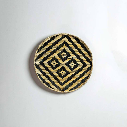 Herringbone Bamboo Round Wall Basket - Beige & Blue