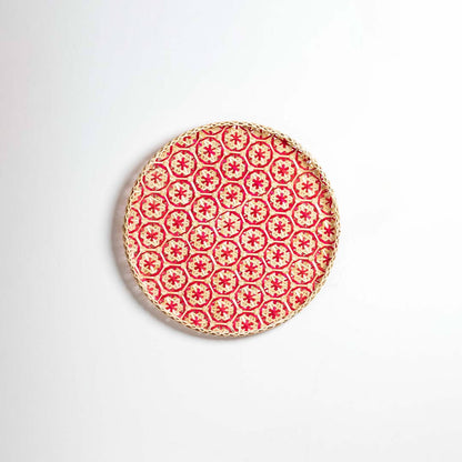 Bamboo Boho Tray & Wall Basket - Beige & Red