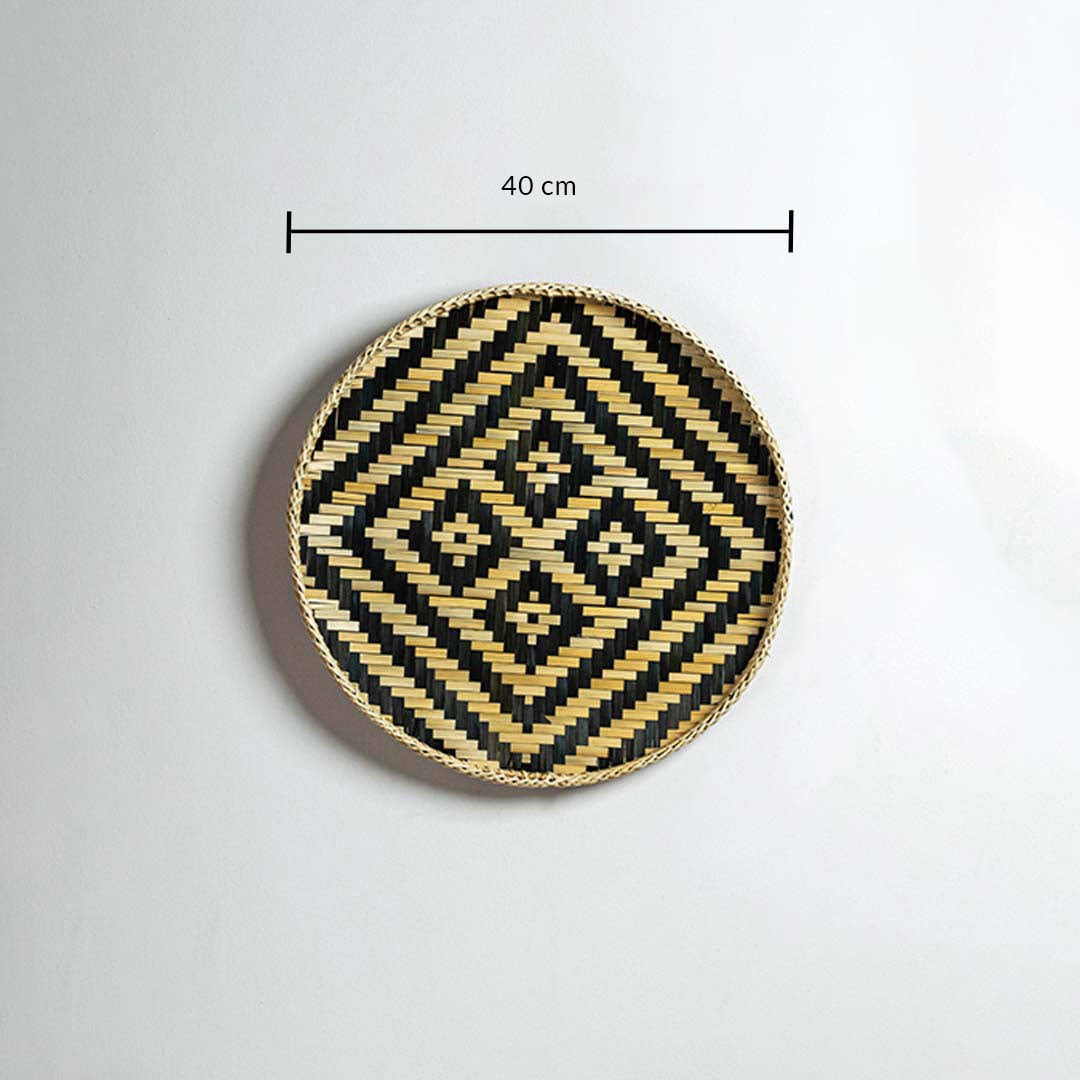 Herringbone Bamboo Round Wall Basket - Beige & Blue