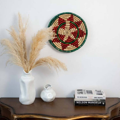 The Nyla Handwoven Sabai Grass Hanging Wall Basket - Red & Green