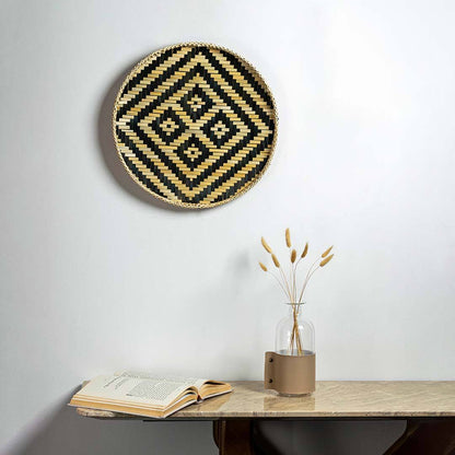 Herringbone Bamboo Round Wall Basket - Beige & Blue