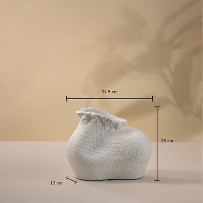 White textured ceramic vase measuring 35 cm in height and 34 cm in width featuring an artistic sculptural form with a crumpled rim and patterned surface.