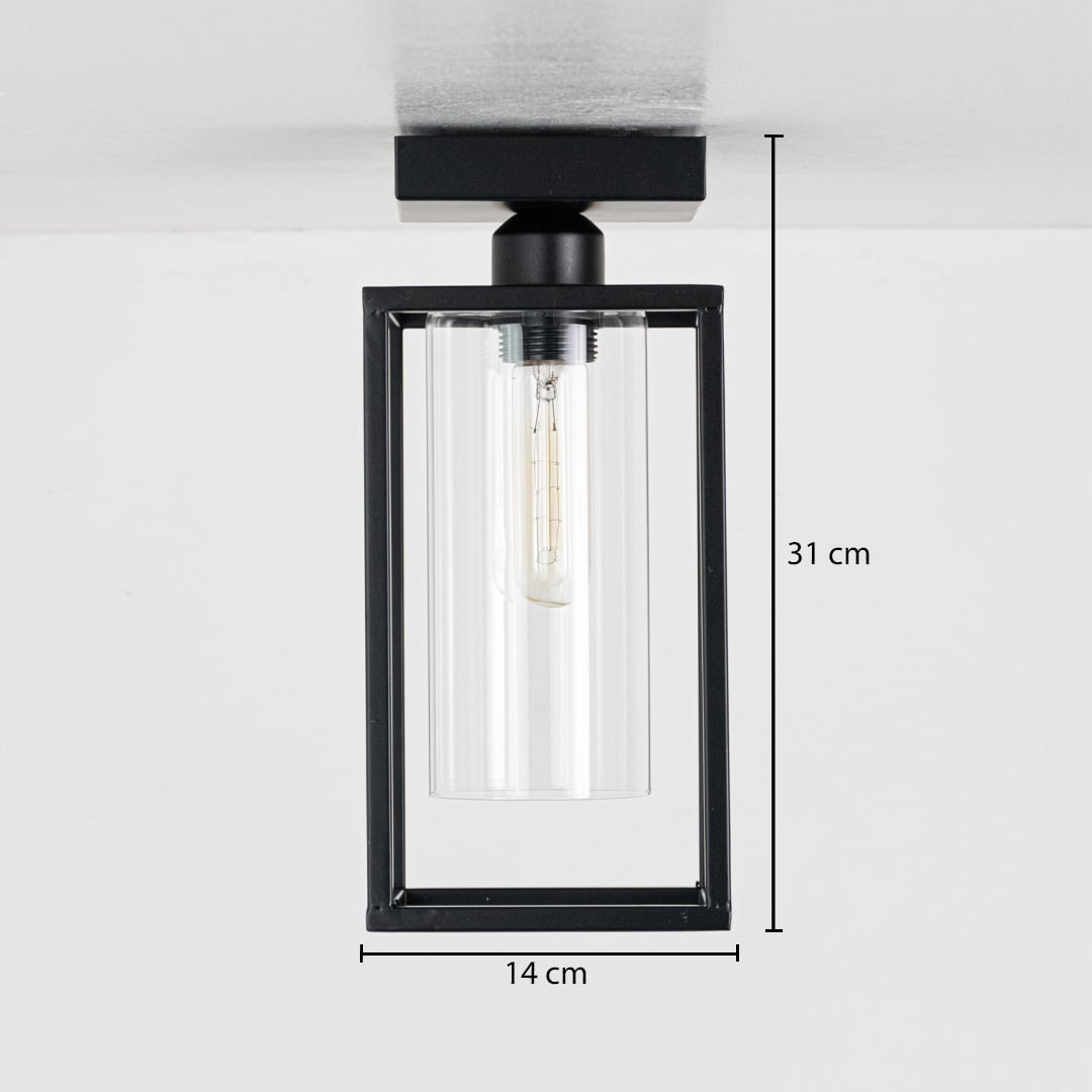 Black metal outdoor ceiling light shown with precise measurements including 14 cm width and 31 cm height for accurate porch or patio installation.