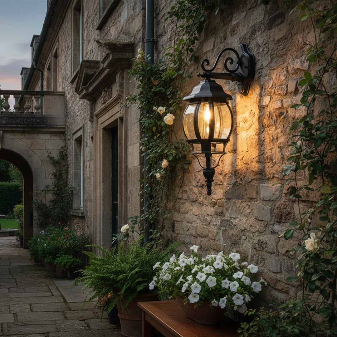 Outdoor wall lantern mounted on a stone exterior wall with the light off creating a classic architectural look in a calm evening garden setting.