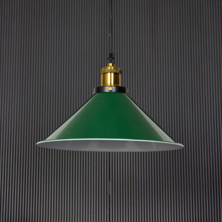 Stylish green pendant lamp with golden holder against dark backdrop ideal for adding depth to living room lighting