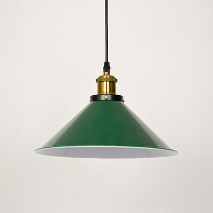 Green metal pendant light with brass holder displayed on white wall background perfect for elegant home interior decor.