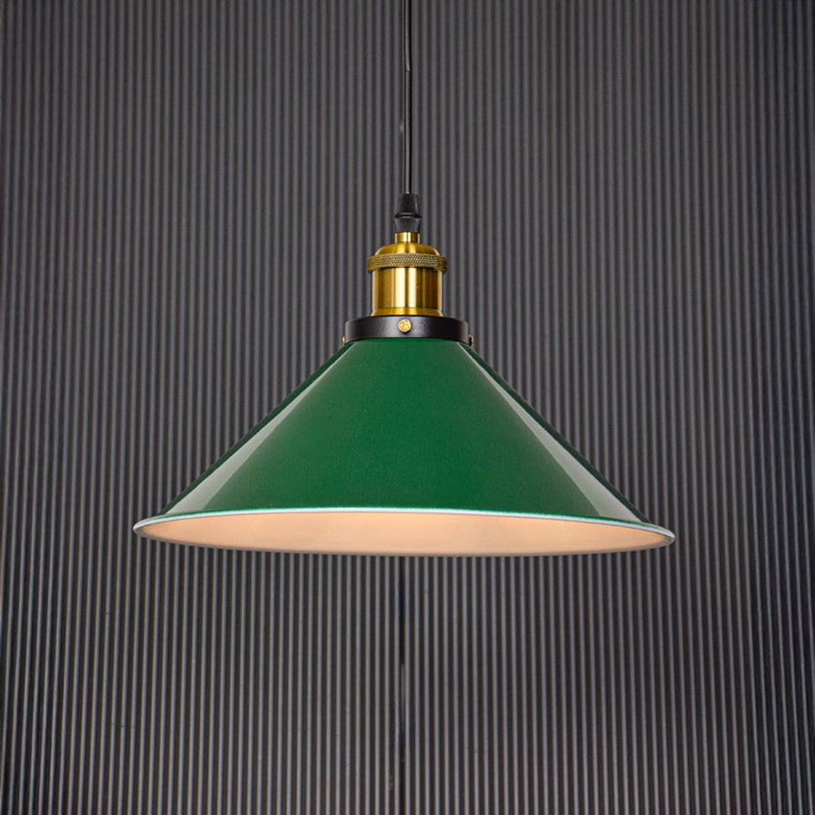 Modern green pendant lamp glowing warmly on black background creating cozy ambience for dining or bar area decor.