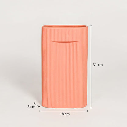 Peach ceramic textured rectangular vase measuring 31 cm height 18 cm width and 8 cm depth ideal for modern decor placement.