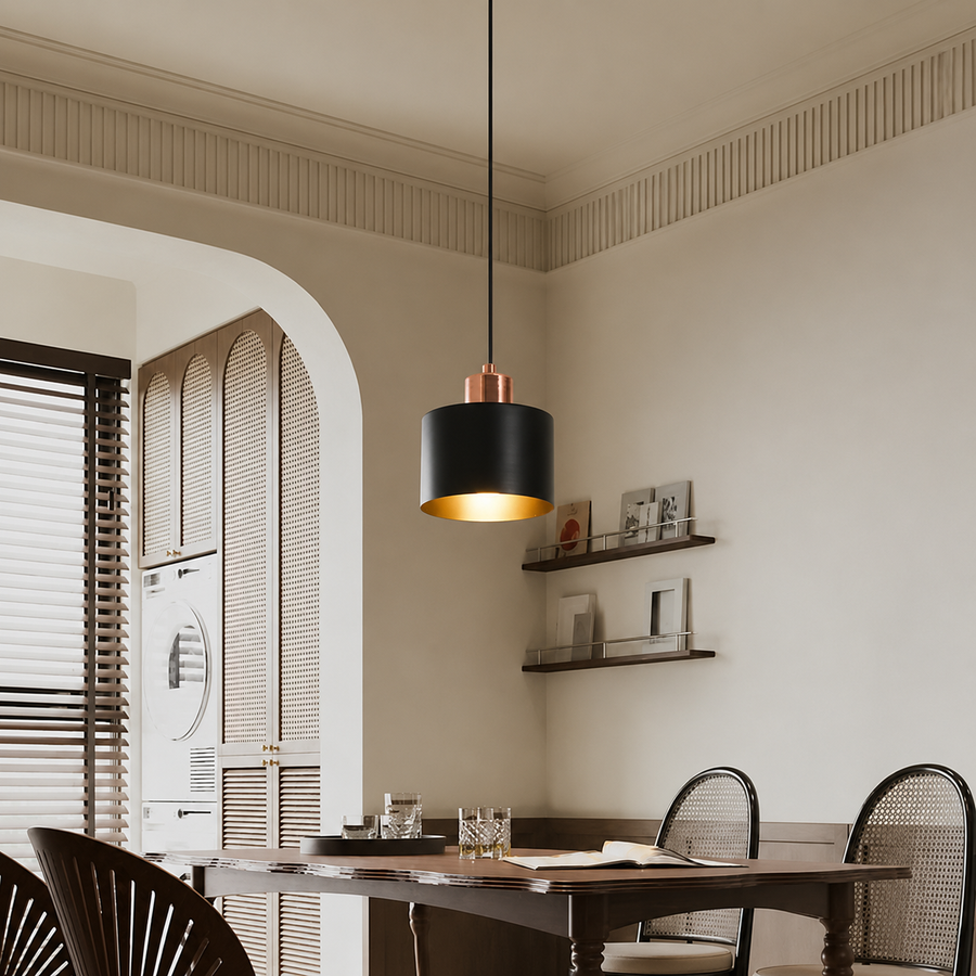 Lifestyle image of industrial black rose gold pendant light for elegant dining room decor styling with beautiful finish.