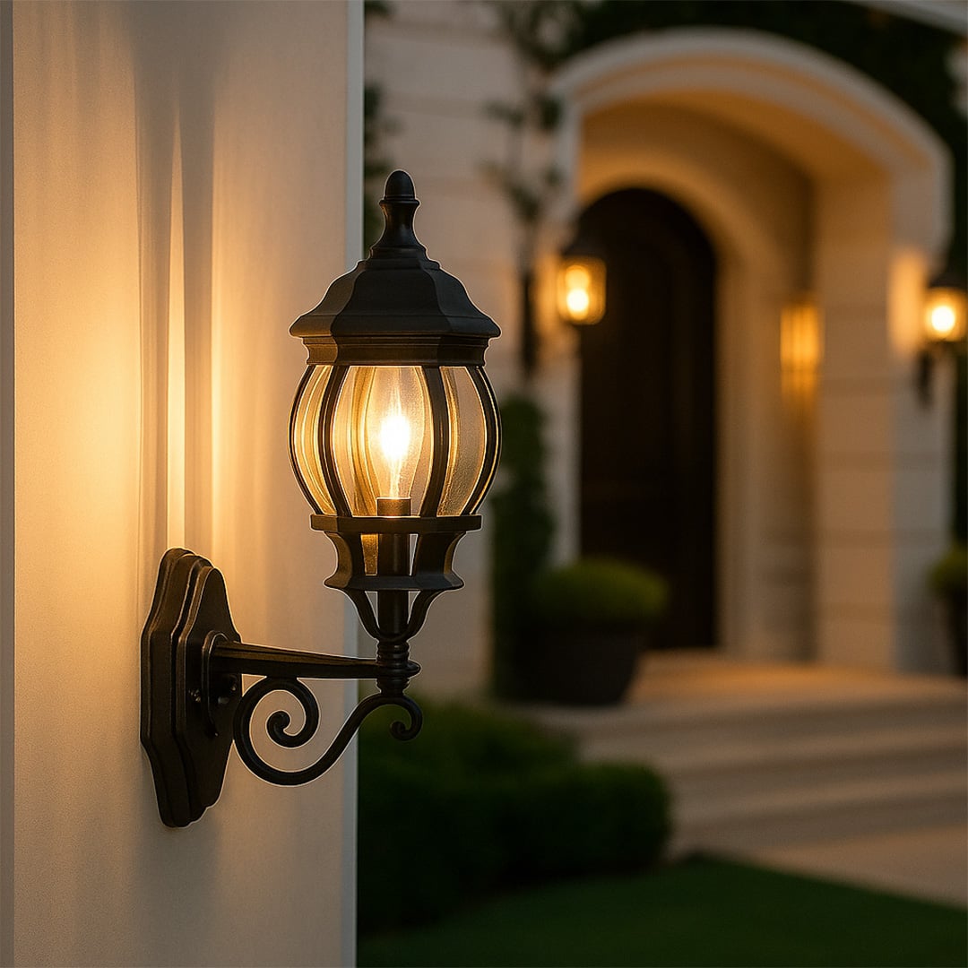 Illuminated black outdoor wall lantern with vertical ribbed glass mounted on white pillar near elegant arched home entrance.