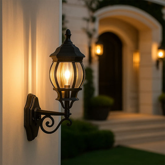 Illuminated black outdoor wall lantern with vertical ribbed glass mounted on white pillar near elegant arched home entrance.