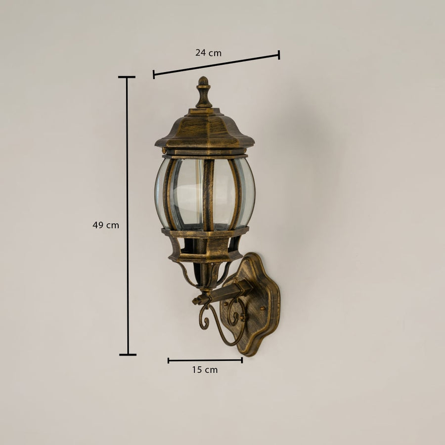 Dimension image showing antique gold outdoor lantern height 49 cm width 24 cm and projection 15 cm from the wall surface.