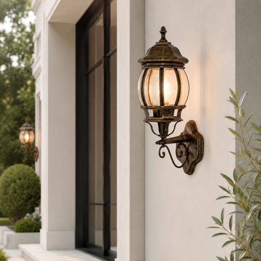 Vintage brass metal scroll arm globe glass lantern wall sconce on white exterior facade for luxury estate veranda patio.