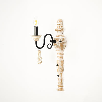 White background image of industry favorite wood and iron single light wall sconce for elegant living room decor styling.