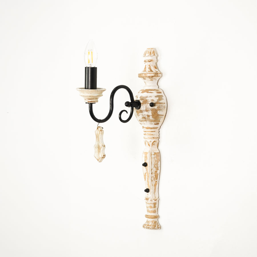 White background image of industry favorite wood and iron single light wall sconce for elegant living room decor styling.