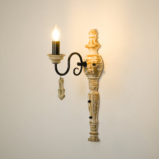 White background image of illuminated industry favorite wood and iron single light wall sconce for elegant decor styling.