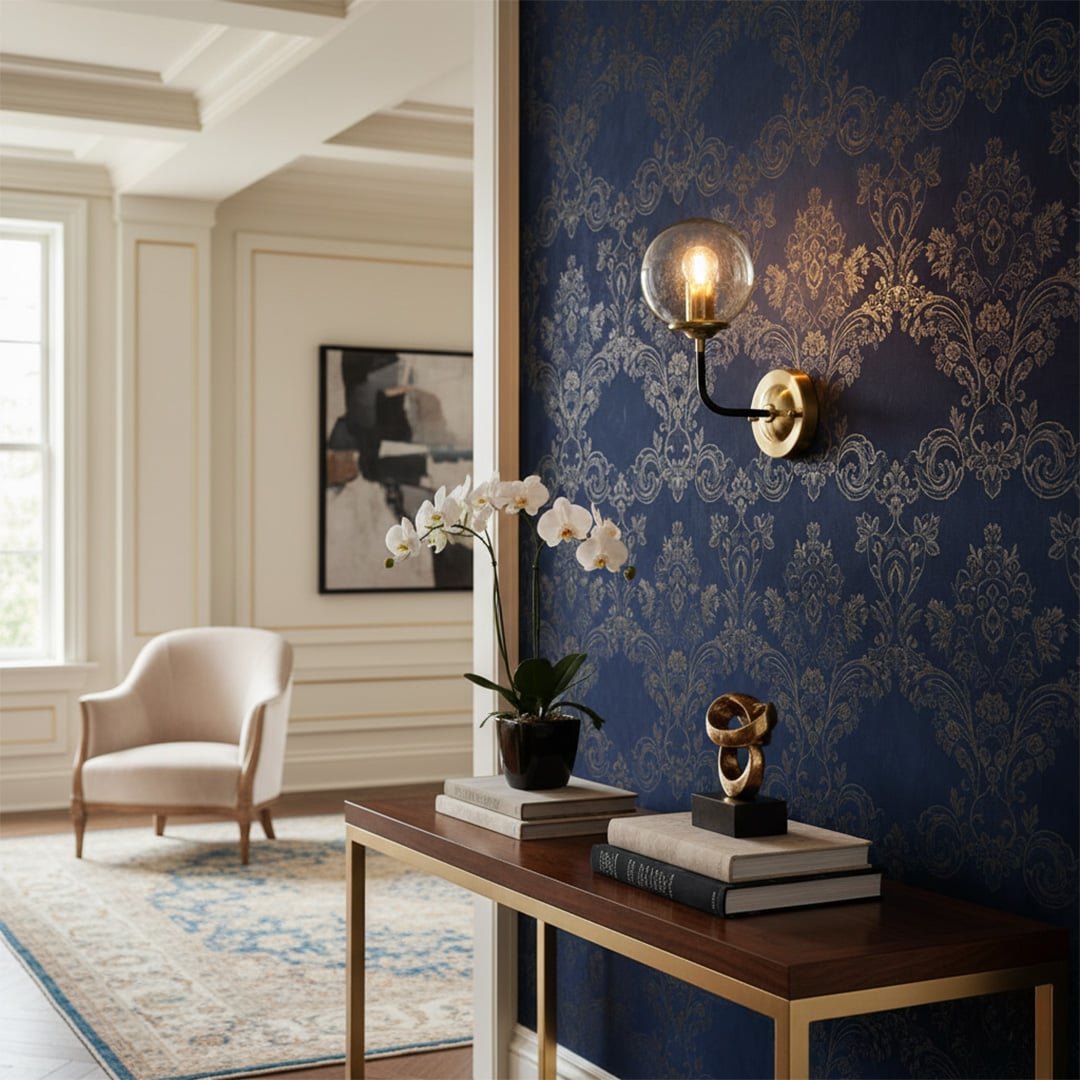 Elegant wall sconce with glass globe light styled on a blue patterned wall above a console table adding warm ambient lighting to a classic living space.