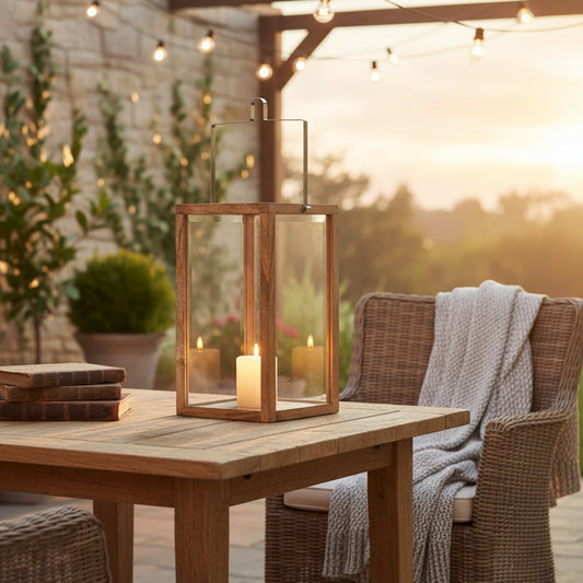 Tall wooden lantern with clear glass panels and metal handle styled on floor adding warm candle lighting to modern home Decor.