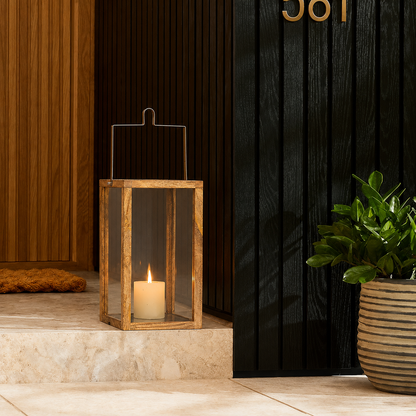 Natural wood glass lantern with metal handle for front door entry porch steps courtyard floor and warm home exterior display.