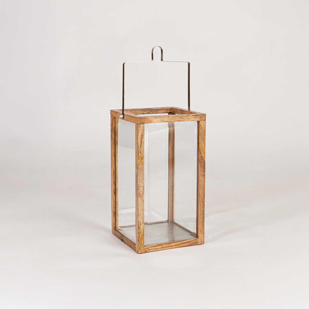 Modern wooden lantern with glass panels on white background perfect for living room entryway and balcony Decor use.