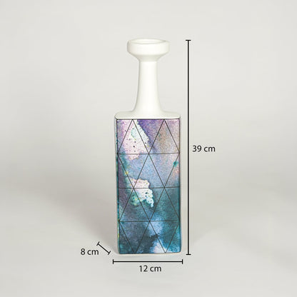 White and purple ceramic decorative vase dimension image with 39 cm height and 12 cm width for table decor.