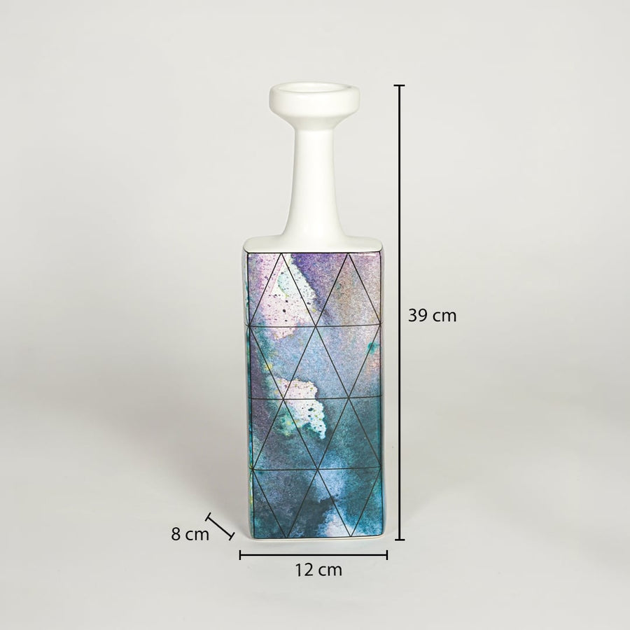 White and purple ceramic decorative vase dimension image with 39 cm height and 12 cm width for table decor.