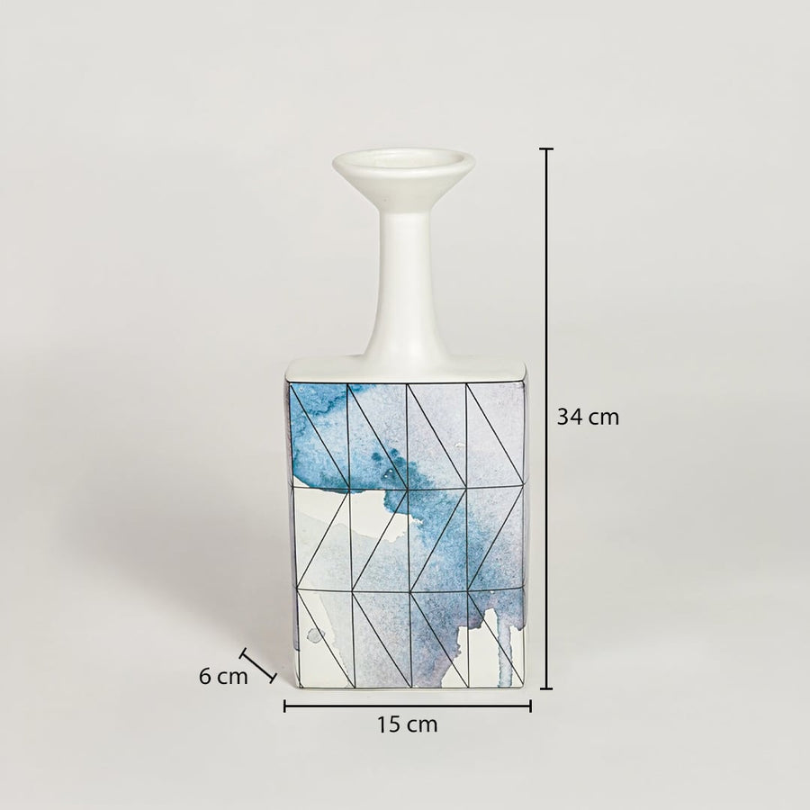 White and blue ceramic decorative vase dimension image with 34 cm height and 15 cm width for table decor.