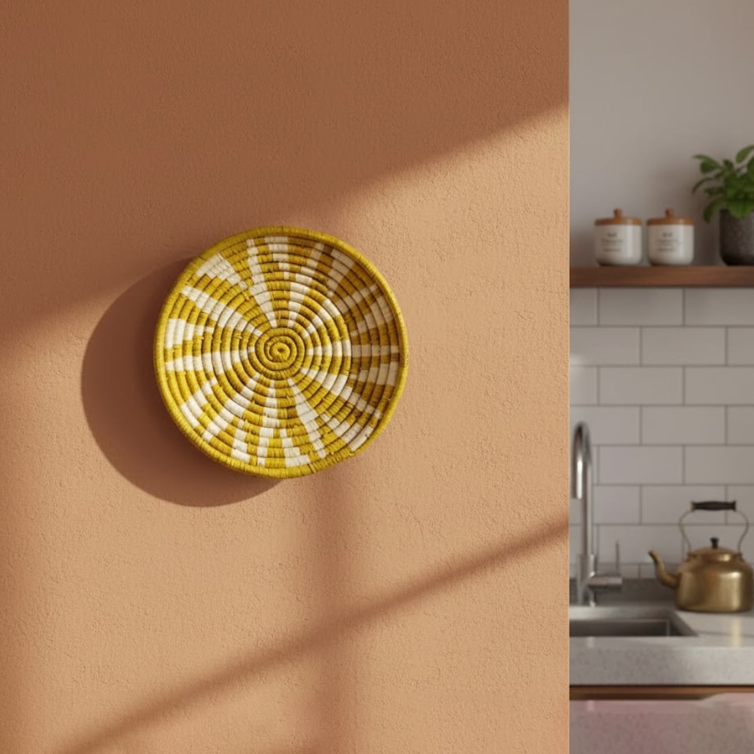 Yellow woven wall basket mounted on warm toned wall near kitchen shelves creating cheerful accent and artisanal Decor appeal.