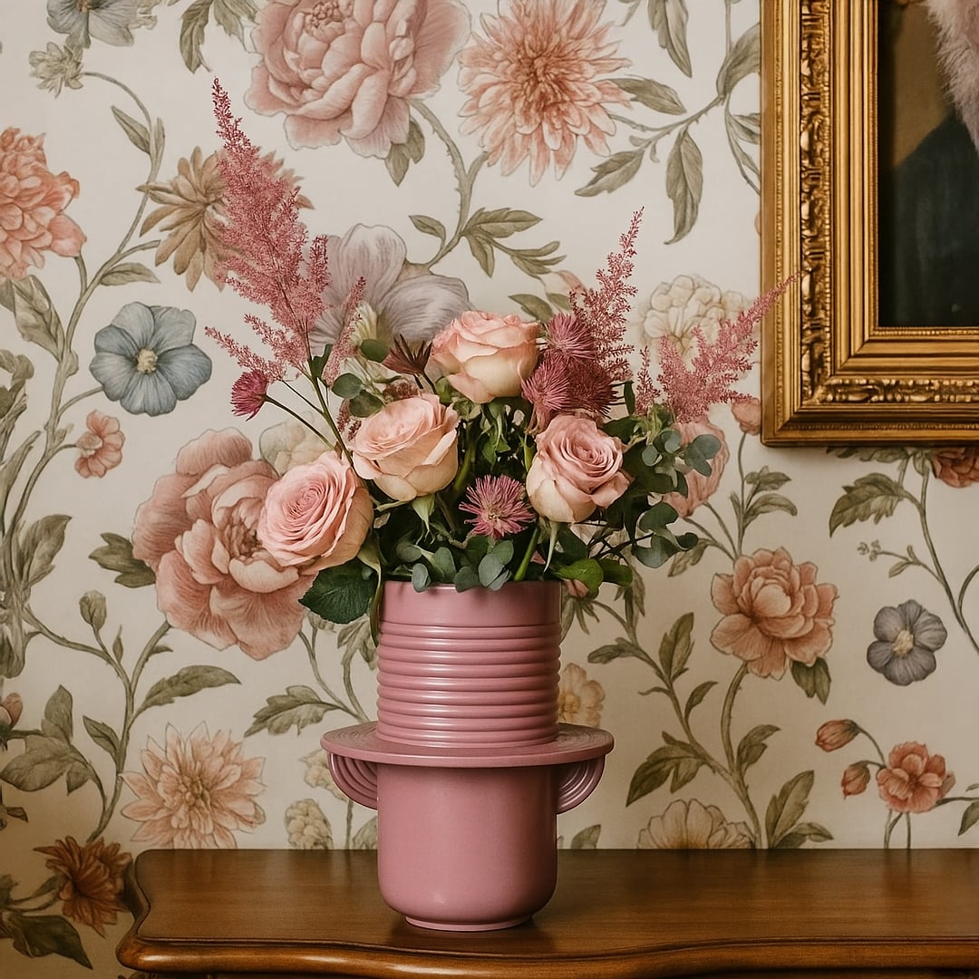 Matte pink ceramic vase with ribbed design holding pastel roses styled on wooden console against floral wallpaper.
