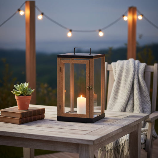 Wood and black metal lantern with clear glass panels styled on floor or console creating warm ambient lighting for home Decor.
