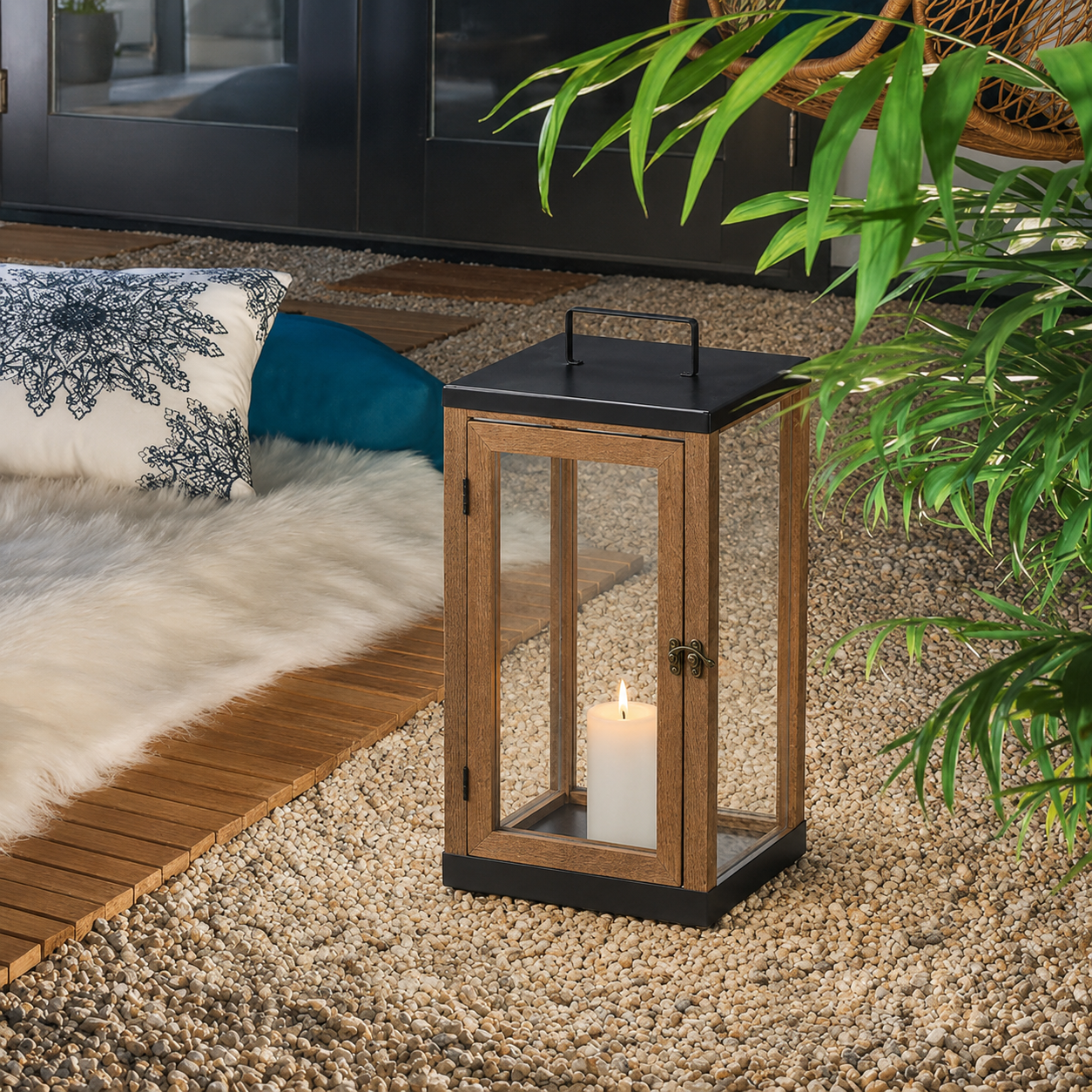 A wooden lantern candle holder with a black metal top and base, containing a lit white candle, placed on a pebble surface in a styled indoor setting with a rug, pillows, and green plant leaves.