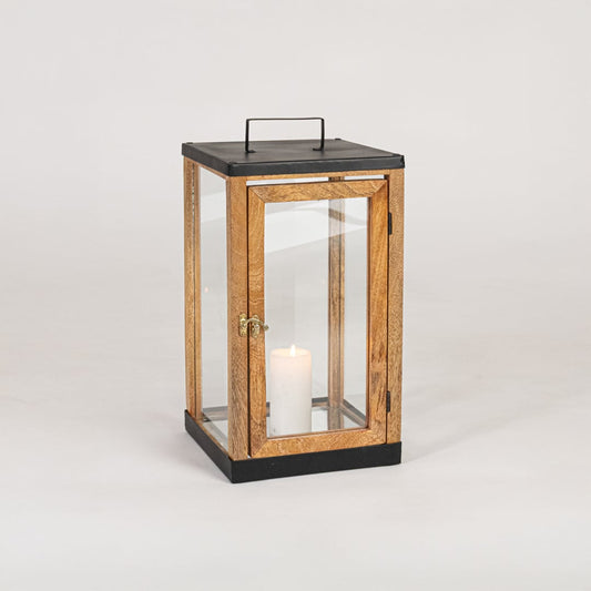 Classic wooden candle lantern with black metal top and clear glass panels styled for elegant home Decor use.