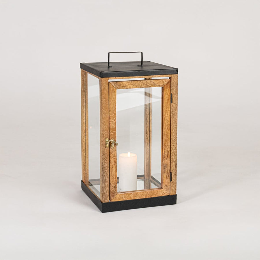 Classic wooden candle lantern with black metal top and clear glass panels styled for elegant home Decor use.