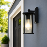 Modern black metal cylindrical fluted glass wall sconce on blue exterior stucco facade next to house garage pathway lighting.
