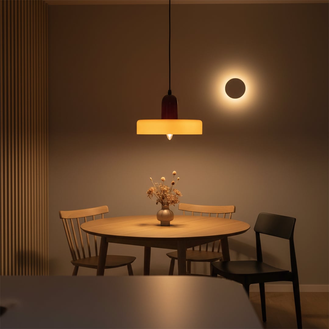 Modern pendant light glowing warmly above a dining table in a cozy interior setting creating soft ambient lighting and a calm stylish atmosphere.