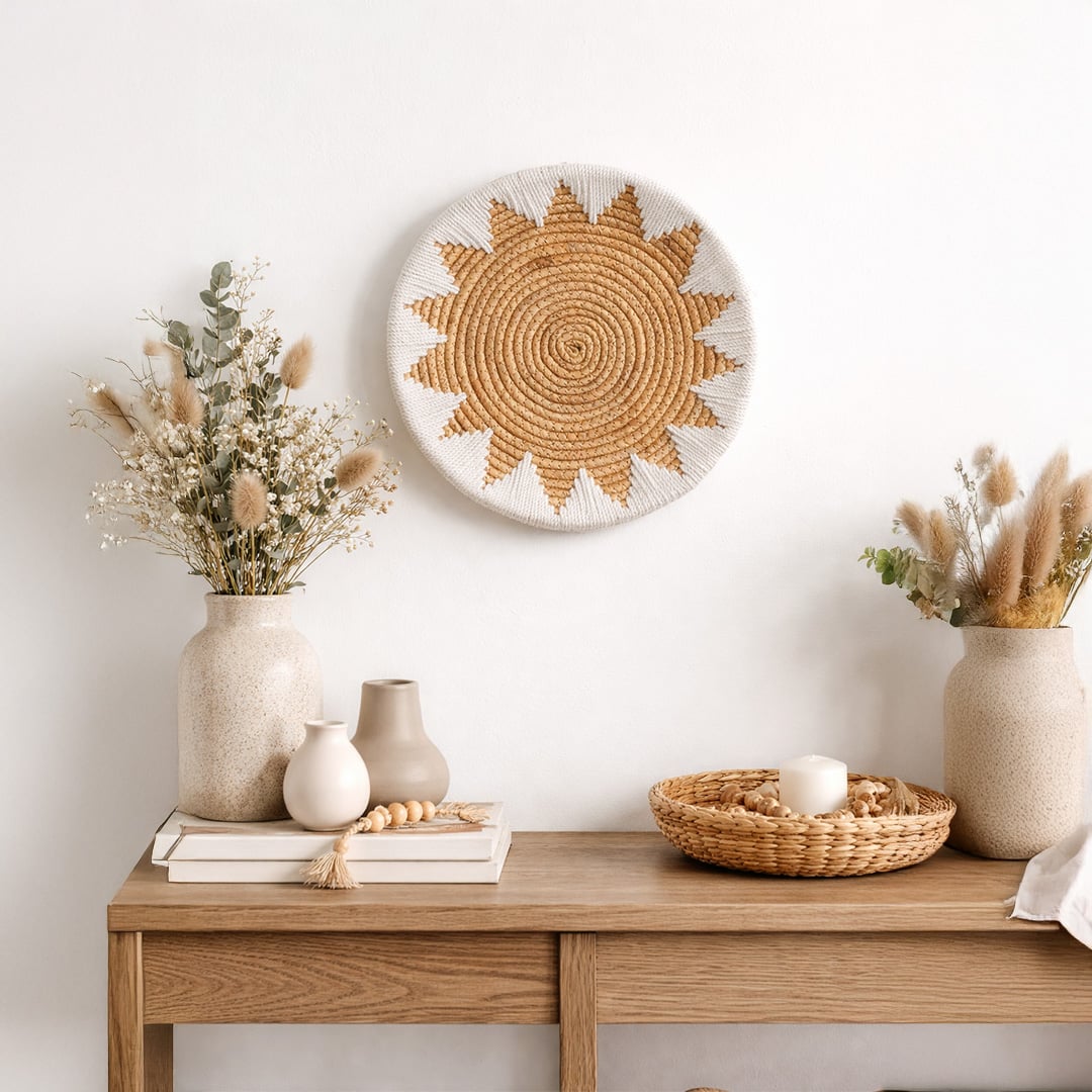Natural carved wooden wall decor displayed above a console table for elegant bohemian home interior styling.