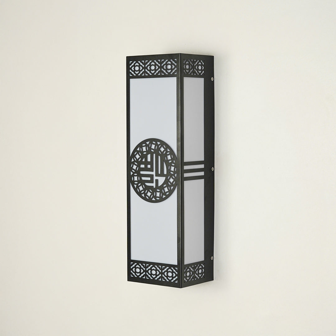 Modern black exterior wall light with geometric design and glass enclosure on neutral background perfect for outdoor home decor lighting.

