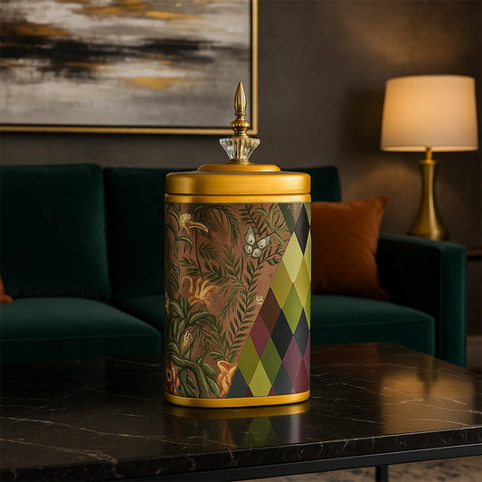 Botanical Bloom tall ceramic jar with floral and geometric pattern placed on a marble table in a luxury living room.